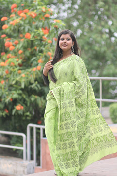 Summer Vacation Collection - Hariya Baag - Handblock Print Natural Dyed - Mulmul Cotton Saree