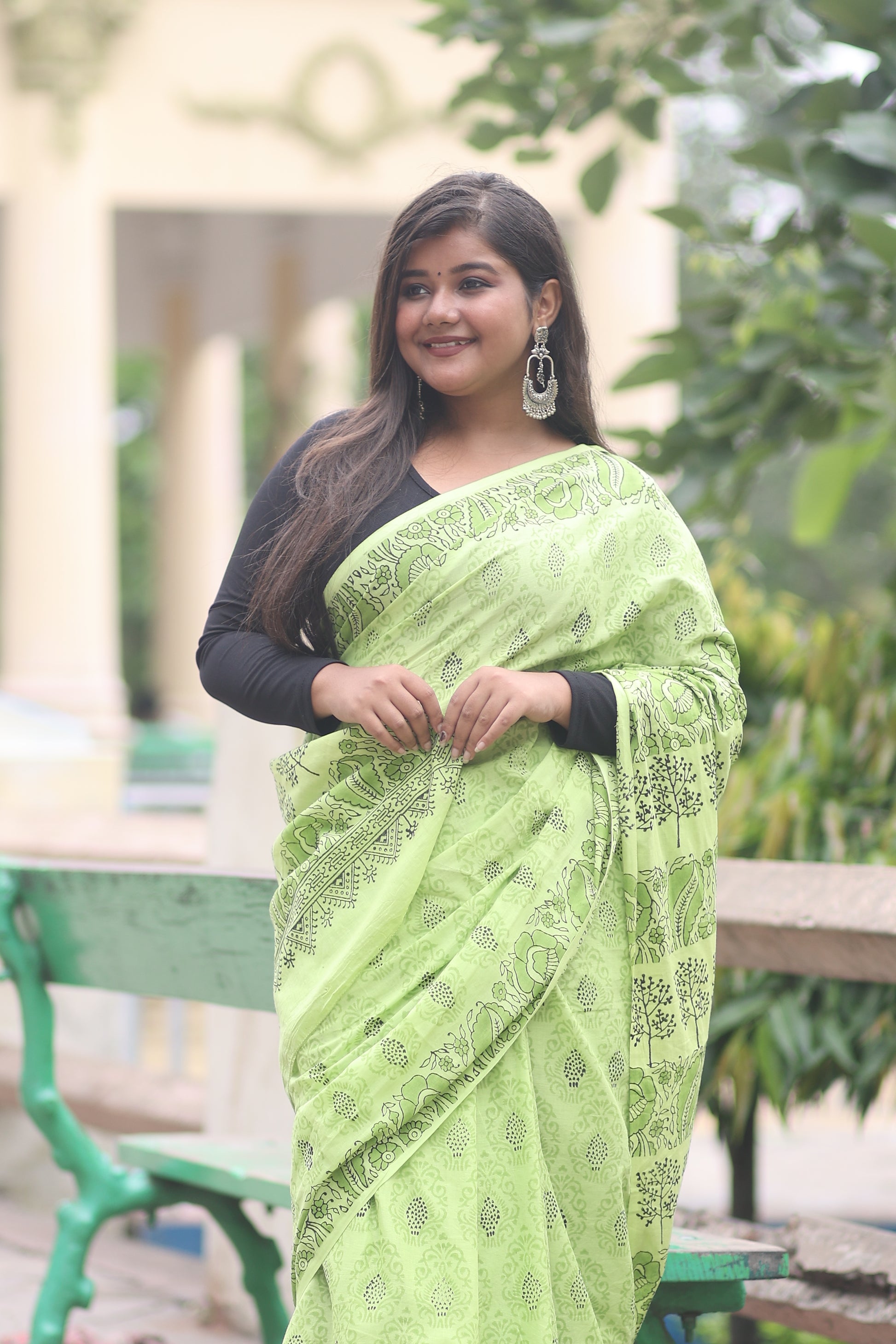 Summer Vacation Collection - Hariya Baag - Handblock Print Natural Dyed - Mulmul Cotton Saree