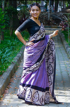 Lavender Lilly - Handblock Print Natural Dyed - Mulmul Cotton Saree