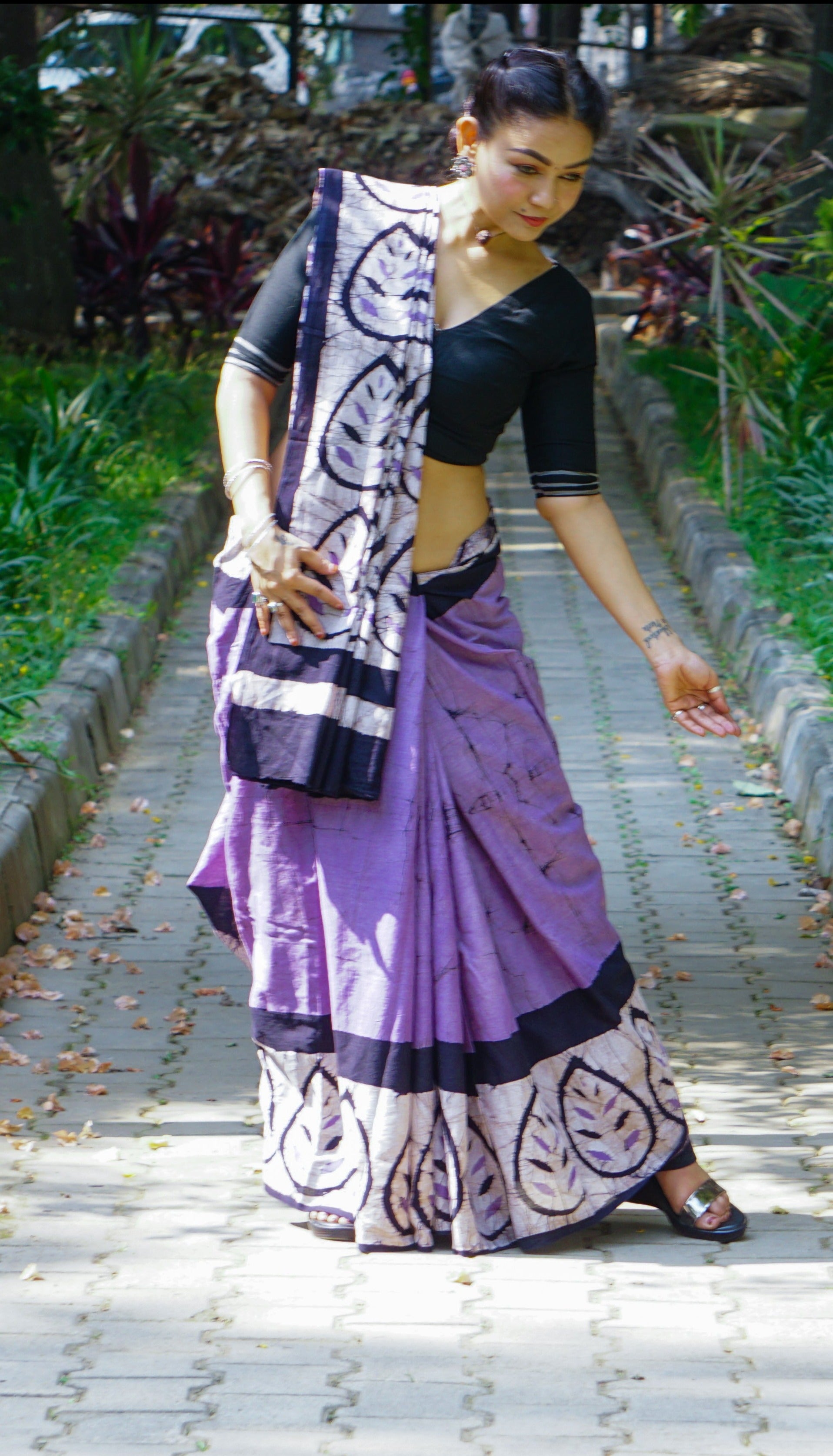 Lavender Lilly - Handblock Print Natural Dyed - Mulmul Cotton Saree