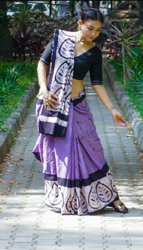 Lavender Lilly - Handblock Print Natural Dyed - Mulmul Cotton Saree