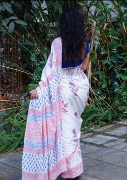 Summer Breeze - Handblock Print Natural Dyed - White Mulmul Cotton Saree