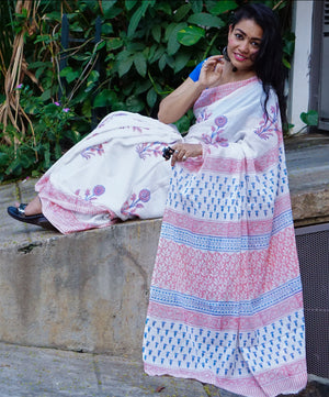 Summer Breeze - Handblock Print Natural Dyed - White Mulmul Cotton Saree