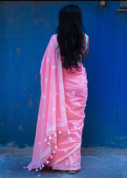 Peach Fuzz - Handblock Print Natural Dyed - Peach Mulmul Cotton Saree