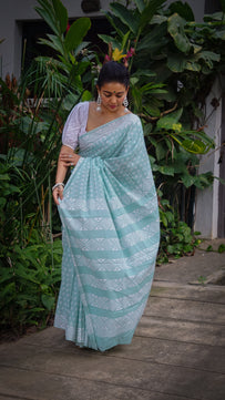 Whispering Dream Saree - Handblock Print Natural Dyed - Mint Mulmul Cotton Saree