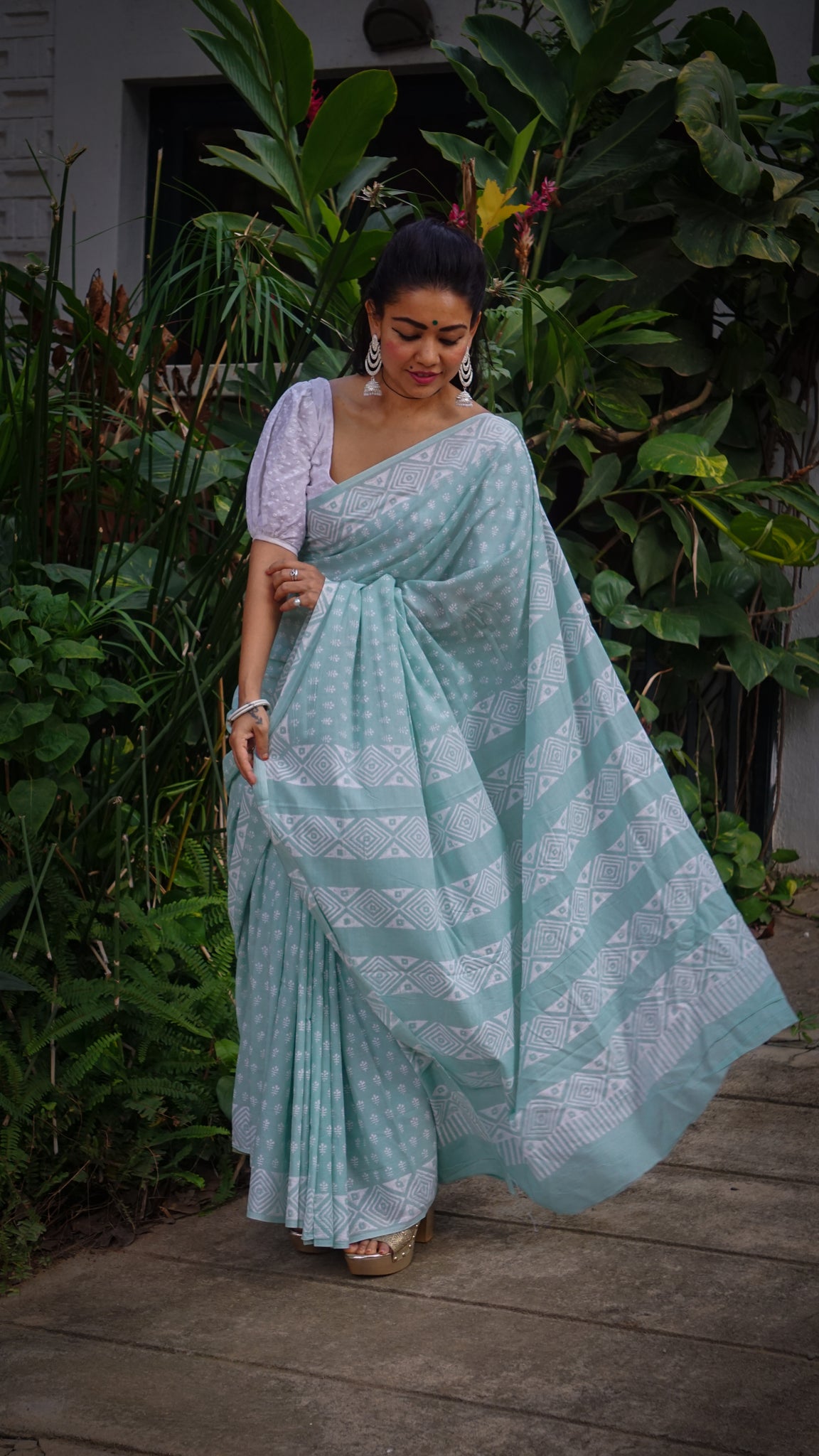 Whispering Dream Saree - Handblock Print Natural Dyed - Mint Mulmul Cotton Saree