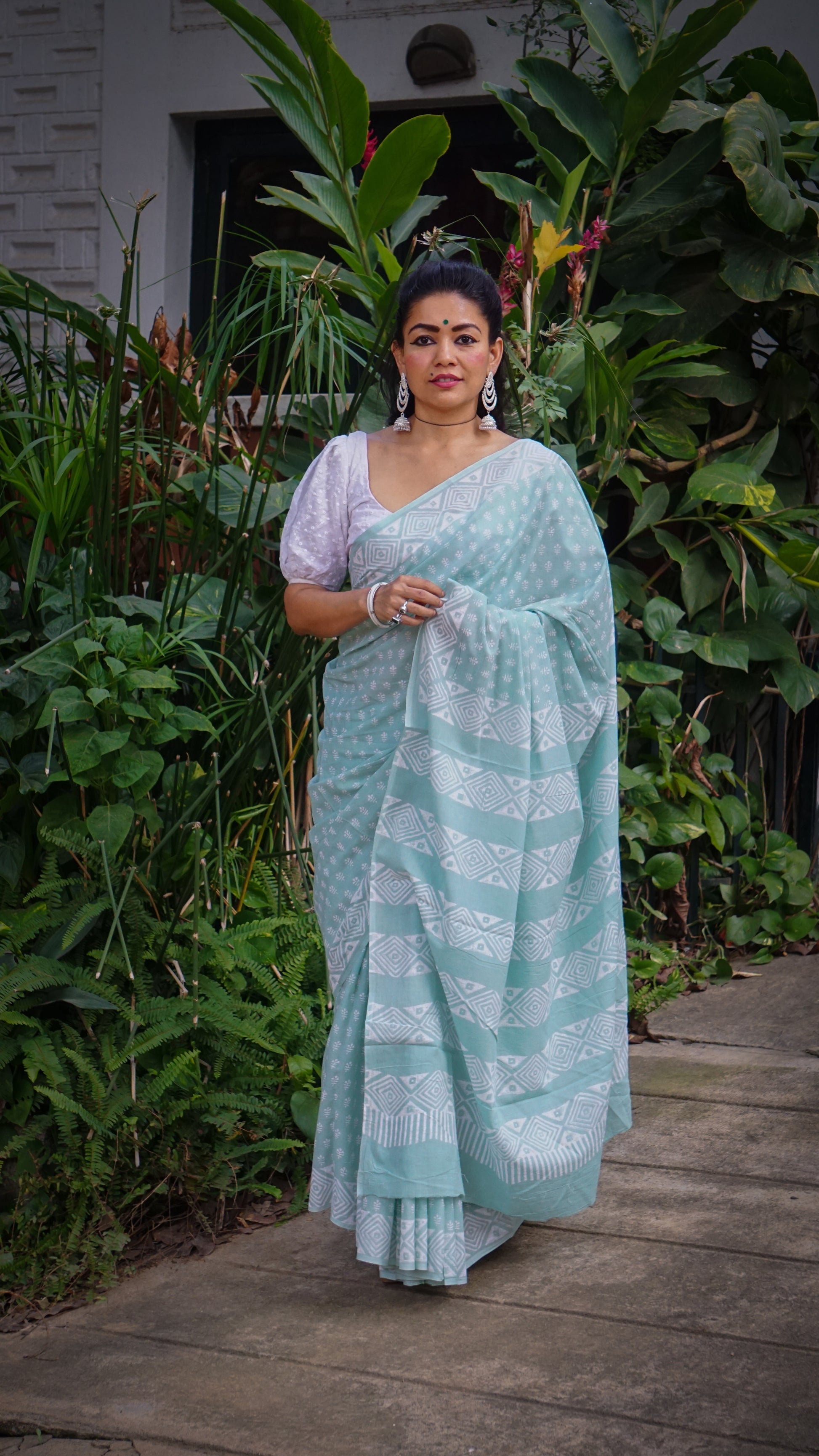 Whispering Dream Saree - Handblock Print Natural Dyed - Mint Mulmul Cotton Saree