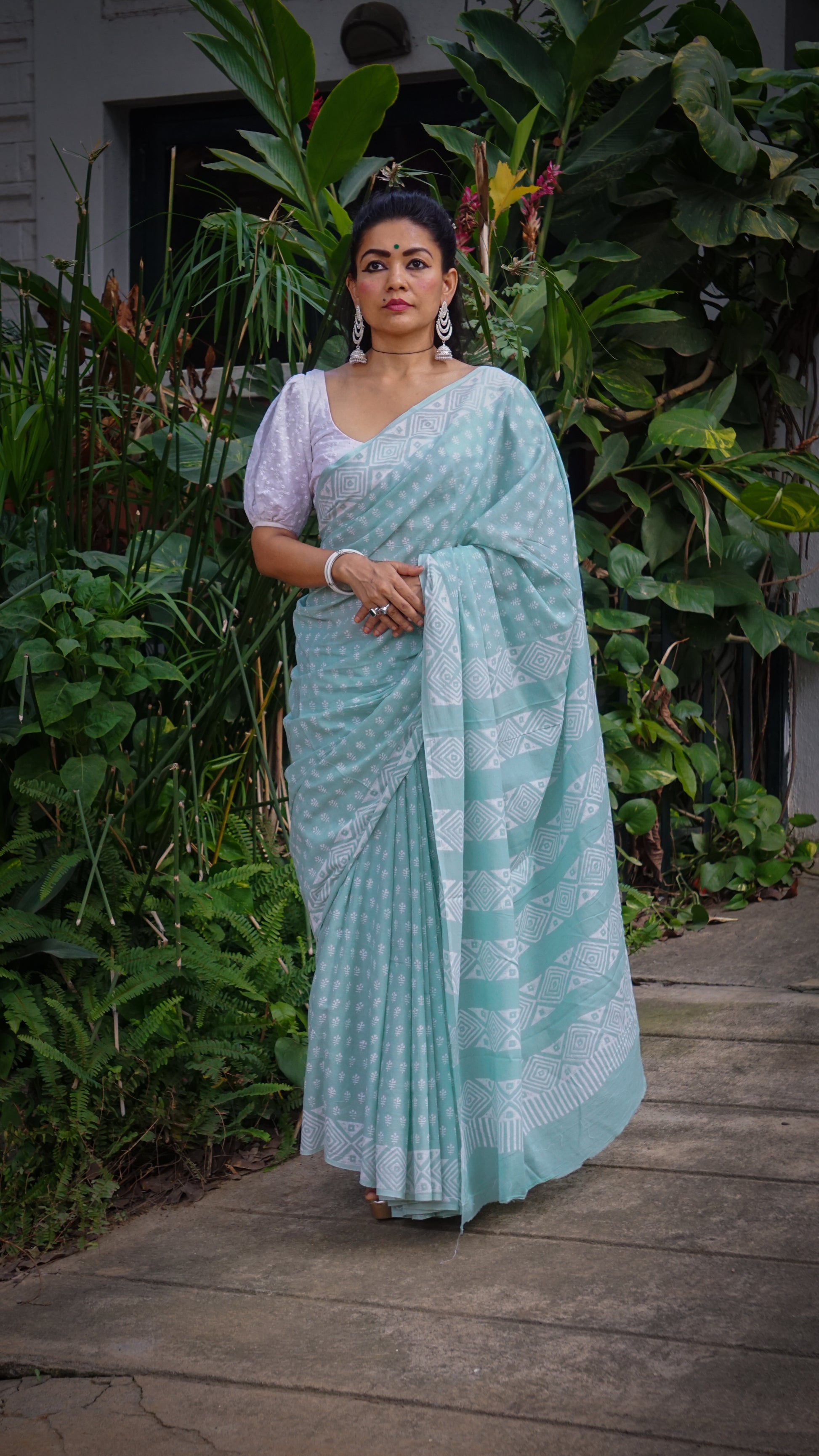 Whispering Dream Saree - Handblock Print Natural Dyed - Mint Mulmul Cotton Saree