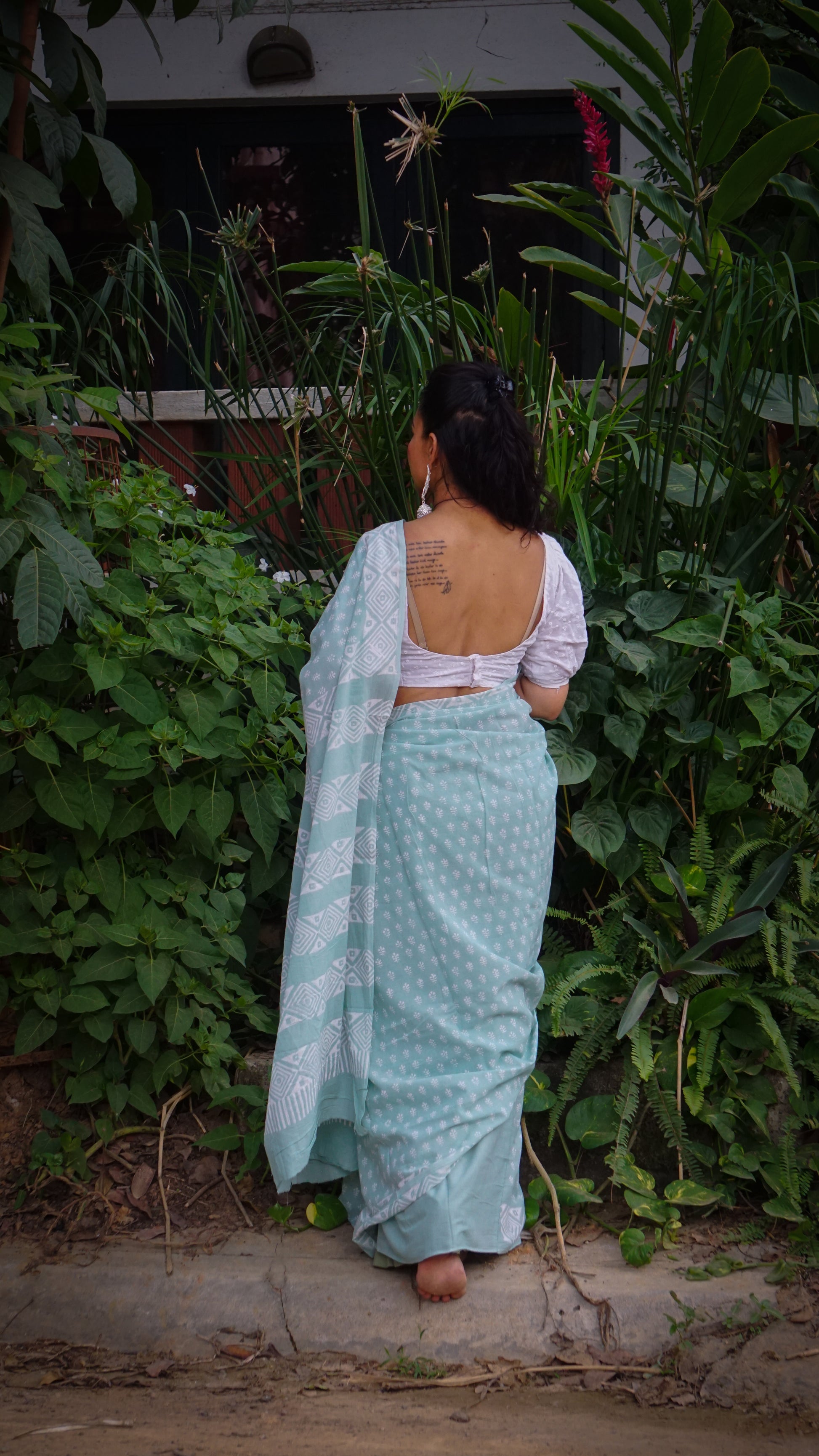 Whispering Dream Saree - Handblock Print Natural Dyed - Mint Mulmul Cotton Saree