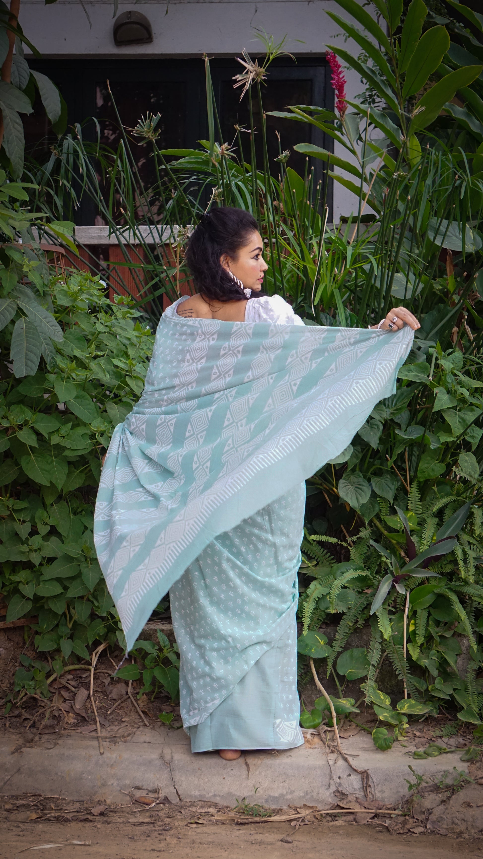 Whispering Dream Saree - Handblock Print Natural Dyed - Mint Mulmul Cotton Saree