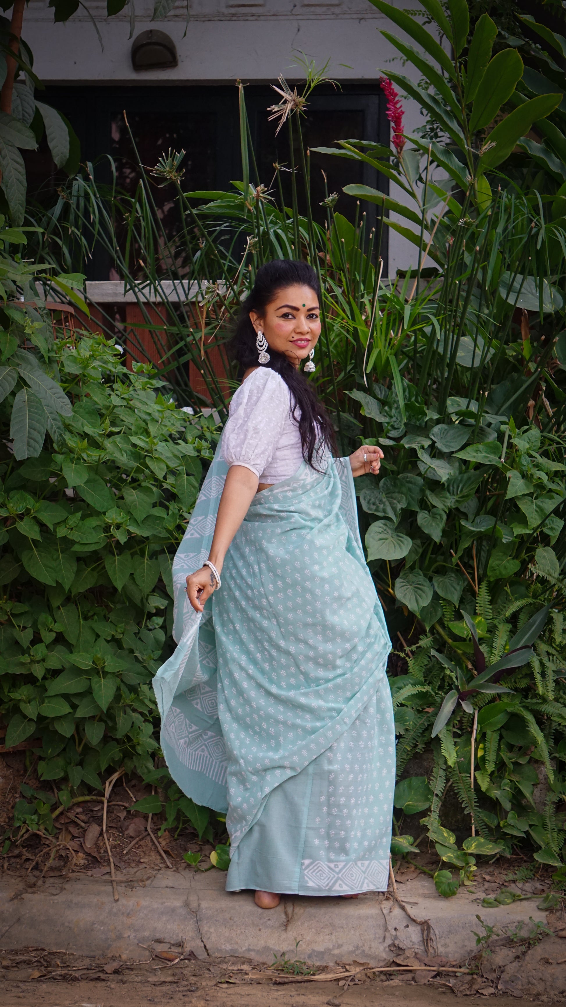 Whispering Dream Saree - Handblock Print Natural Dyed - Mint Mulmul Cotton Saree