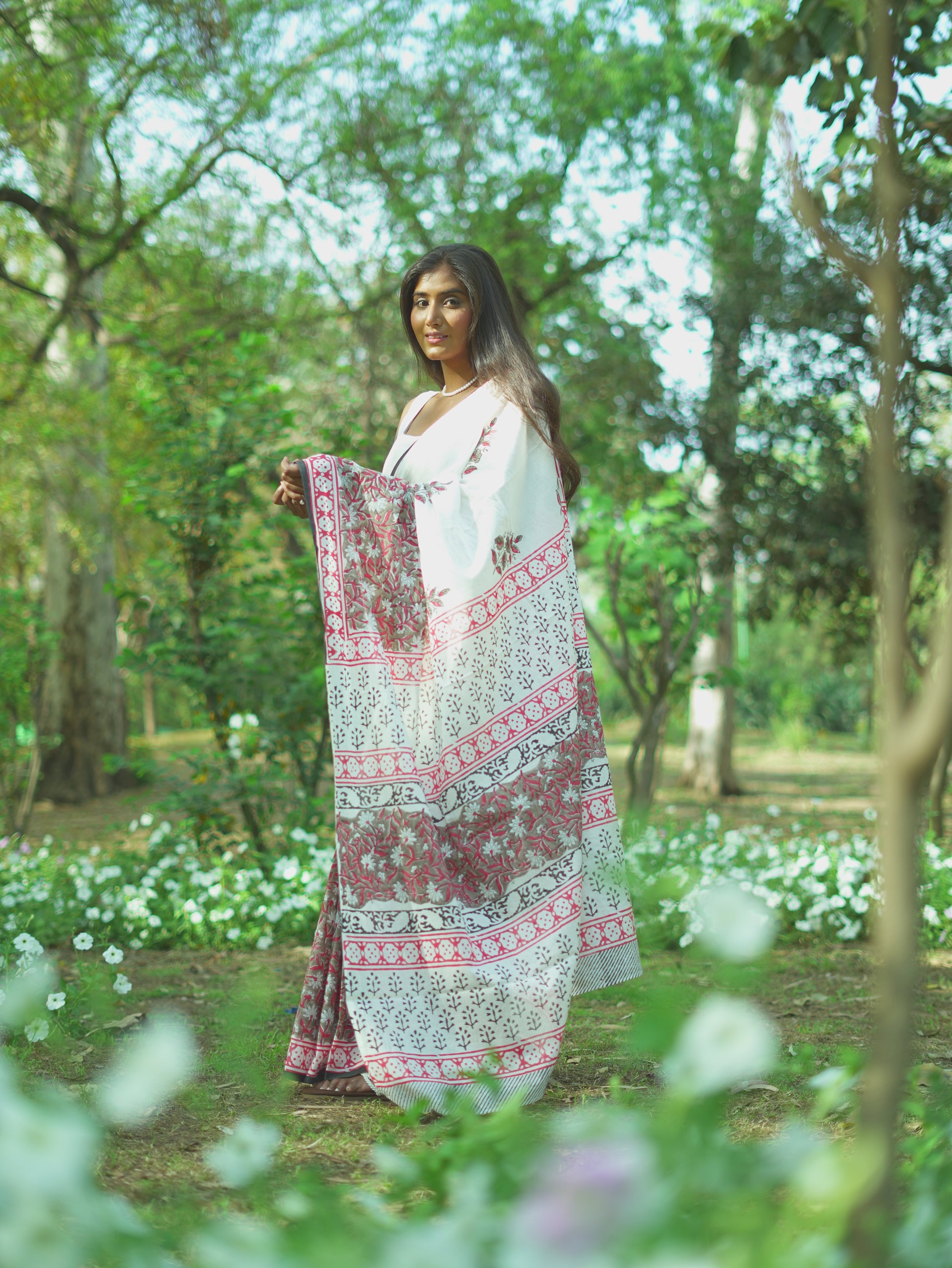 Summer Bloom - Handblock Print Natural Dyed - White Mulmul Cotton Saree