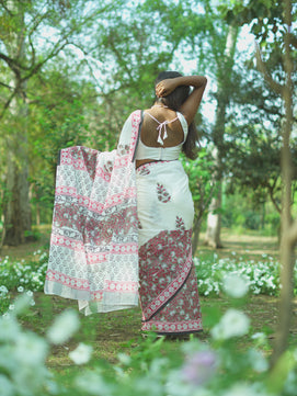 Summer Bloom - Handblock Print Natural Dyed - White Mulmul Cotton Saree