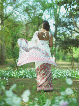 Summer Bloom - Handblock Print Natural Dyed - White Mulmul Cotton Saree