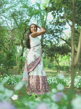 Summer Bloom - Handblock Print Natural Dyed - White Mulmul Cotton Saree