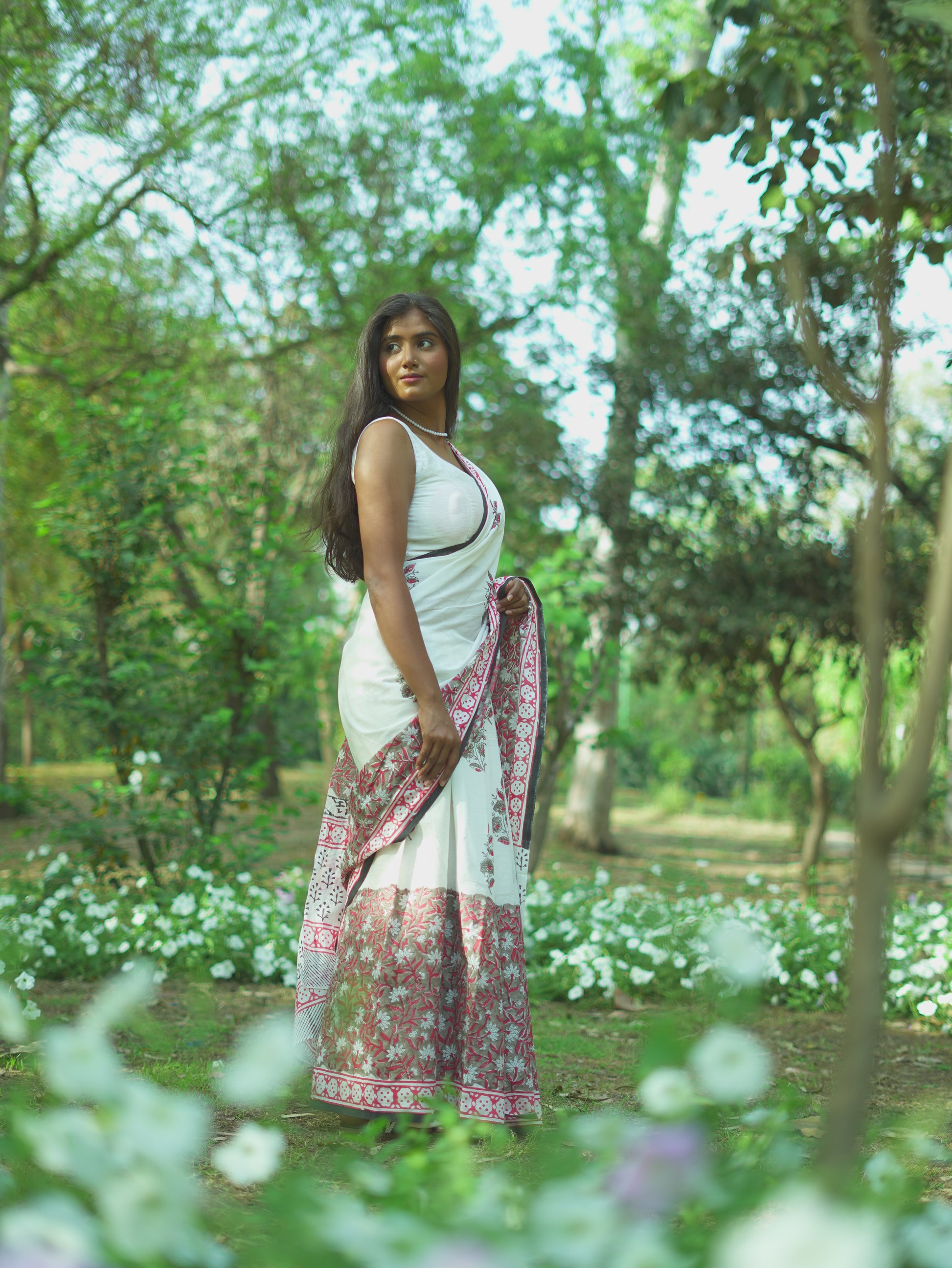 Summer Bloom - Handblock Print Natural Dyed - White Mulmul Cotton Saree