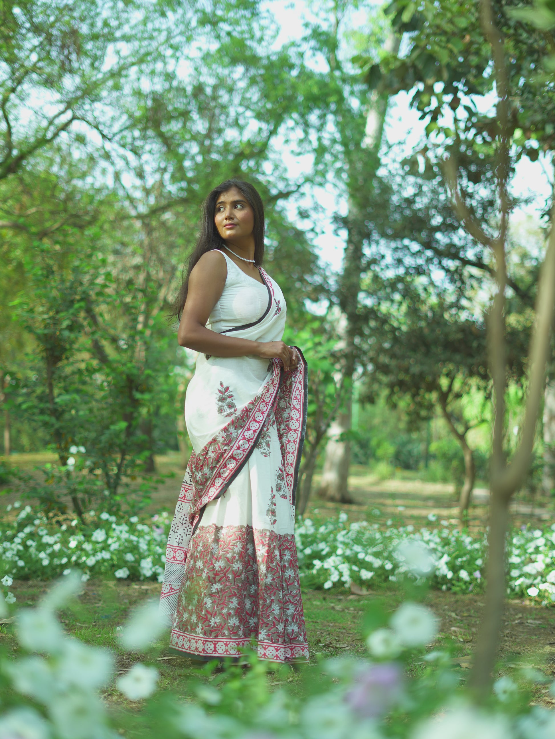 Summer Bloom - Handblock Print Natural Dyed - White Mulmul Cotton Saree