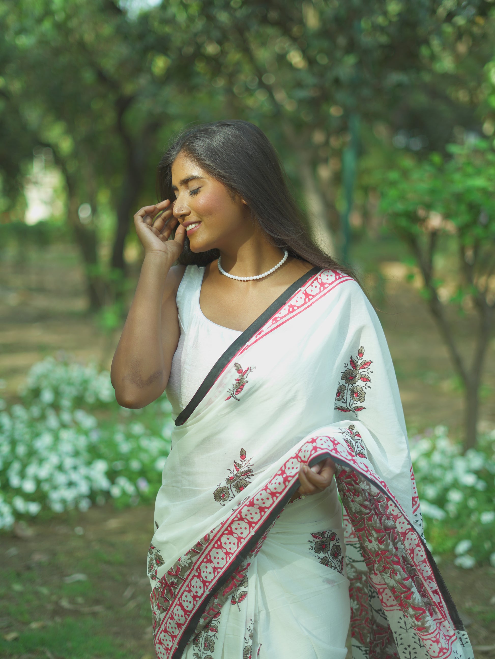 Summer Bloom - Handblock Print Natural Dyed - White Mulmul Cotton Saree