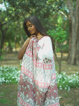 Summer Bloom - Handblock Print Natural Dyed - White Mulmul Cotton Saree