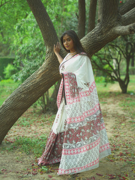 Summer Bloom - Handblock Print Natural Dyed - White Mulmul Cotton Saree