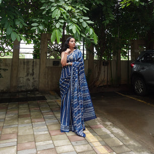 Indigo Series - Handblock Dabu in Natural Dyes - Cotton Mulmul Saree