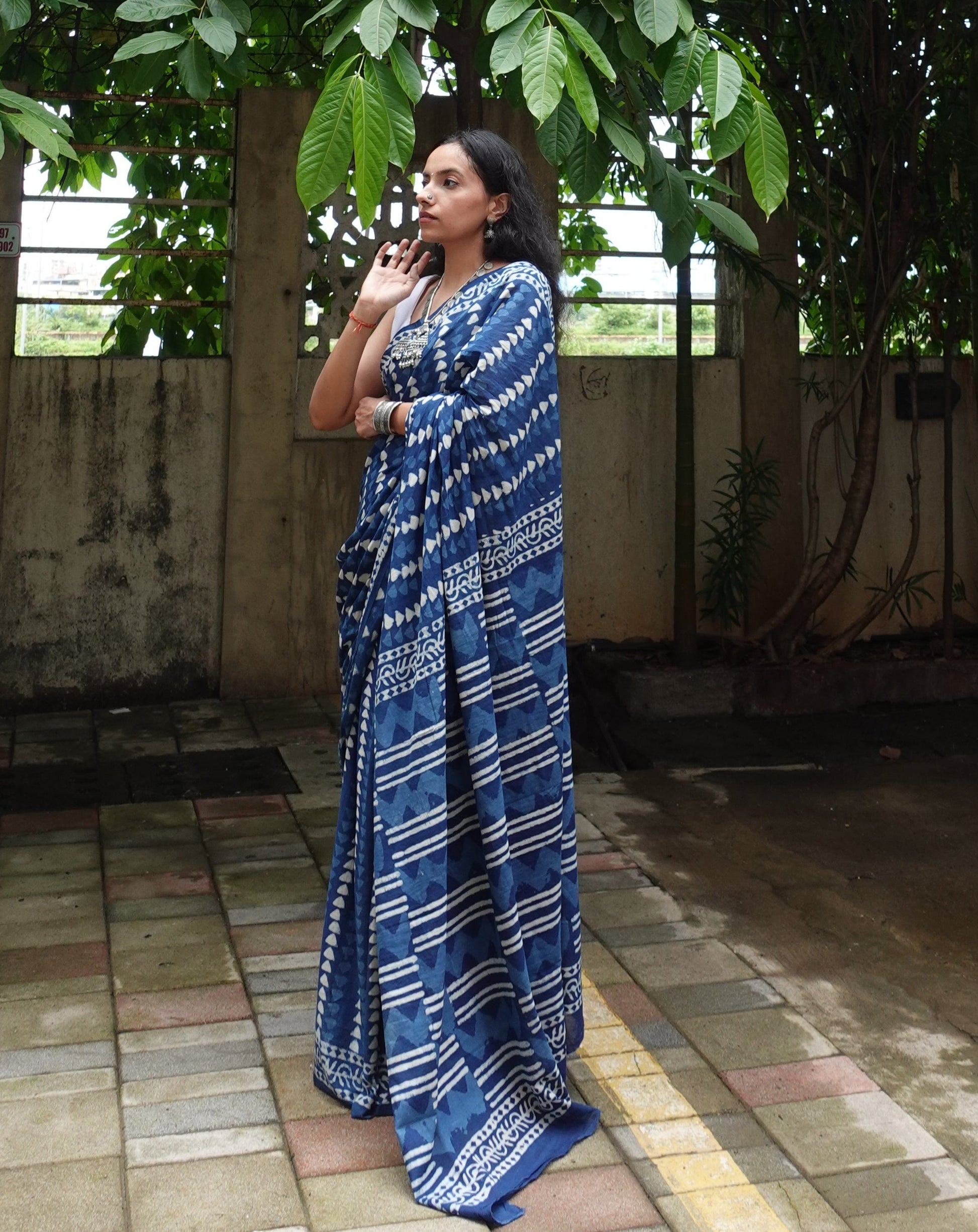 Indigo Series - Handblock Dabu in Natural Dyes - Cotton Mulmul Saree