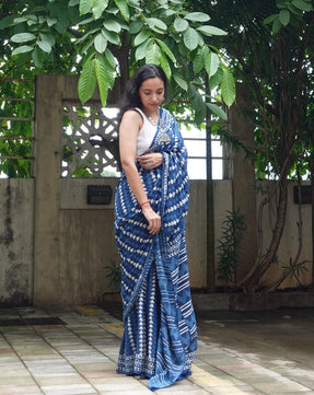 Indigo Series - Handblock Dabu in Natural Dyes - Cotton Mulmul Saree