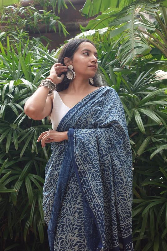 Indigo Illusion- Handblock Dabu in Natural Dyes - Cotton Mulmul Saree