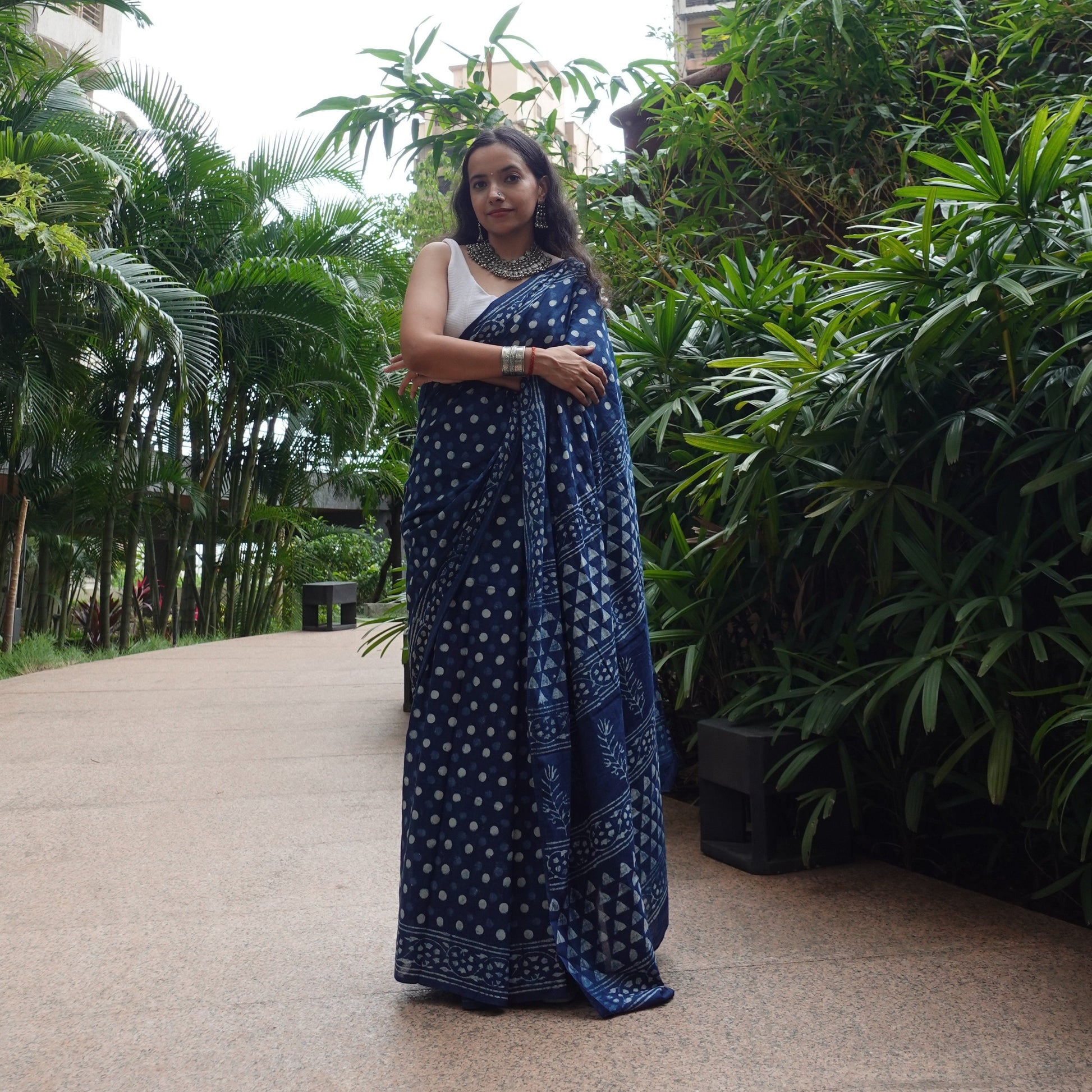 Indigo Polka Dots - Handblock Dabu in Natural Dyes - Cotton Mulmul Saree