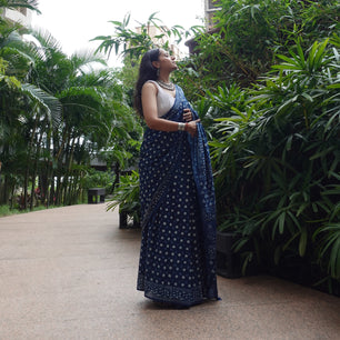 Indigo Polka Dots - Handblock Dabu in Natural Dyes - Cotton Mulmul Saree