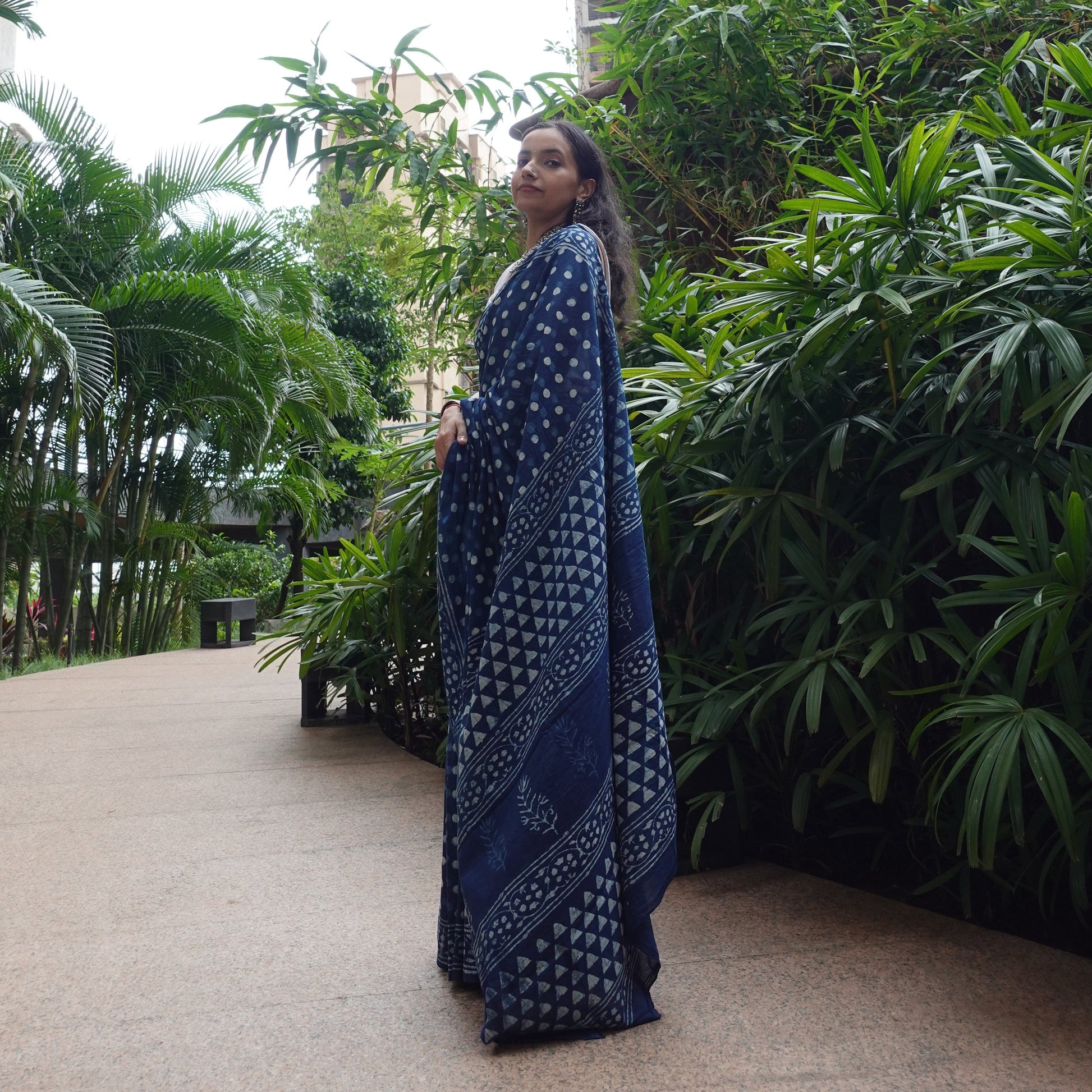 Indigo Polka Dots - Handblock Dabu in Natural Dyes - Cotton Mulmul Saree