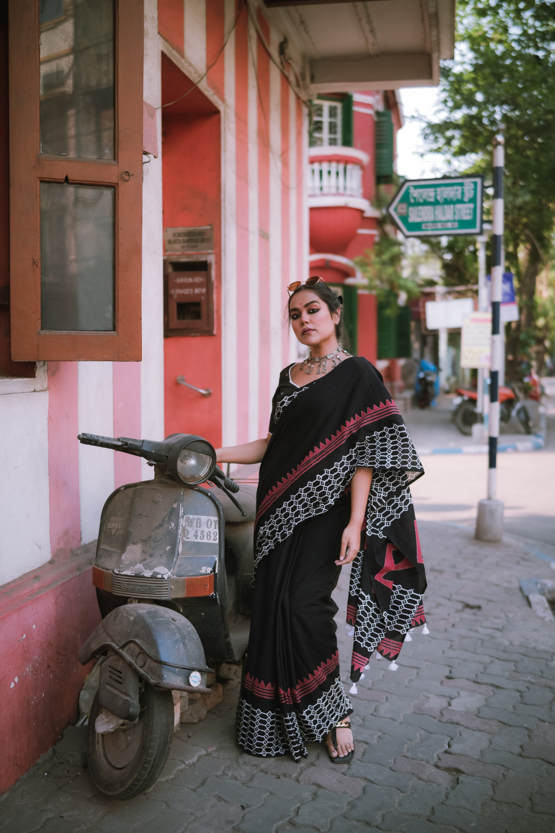 Retro Black - Handblock Print Natural Dyed - Mulmul Cotton Saree