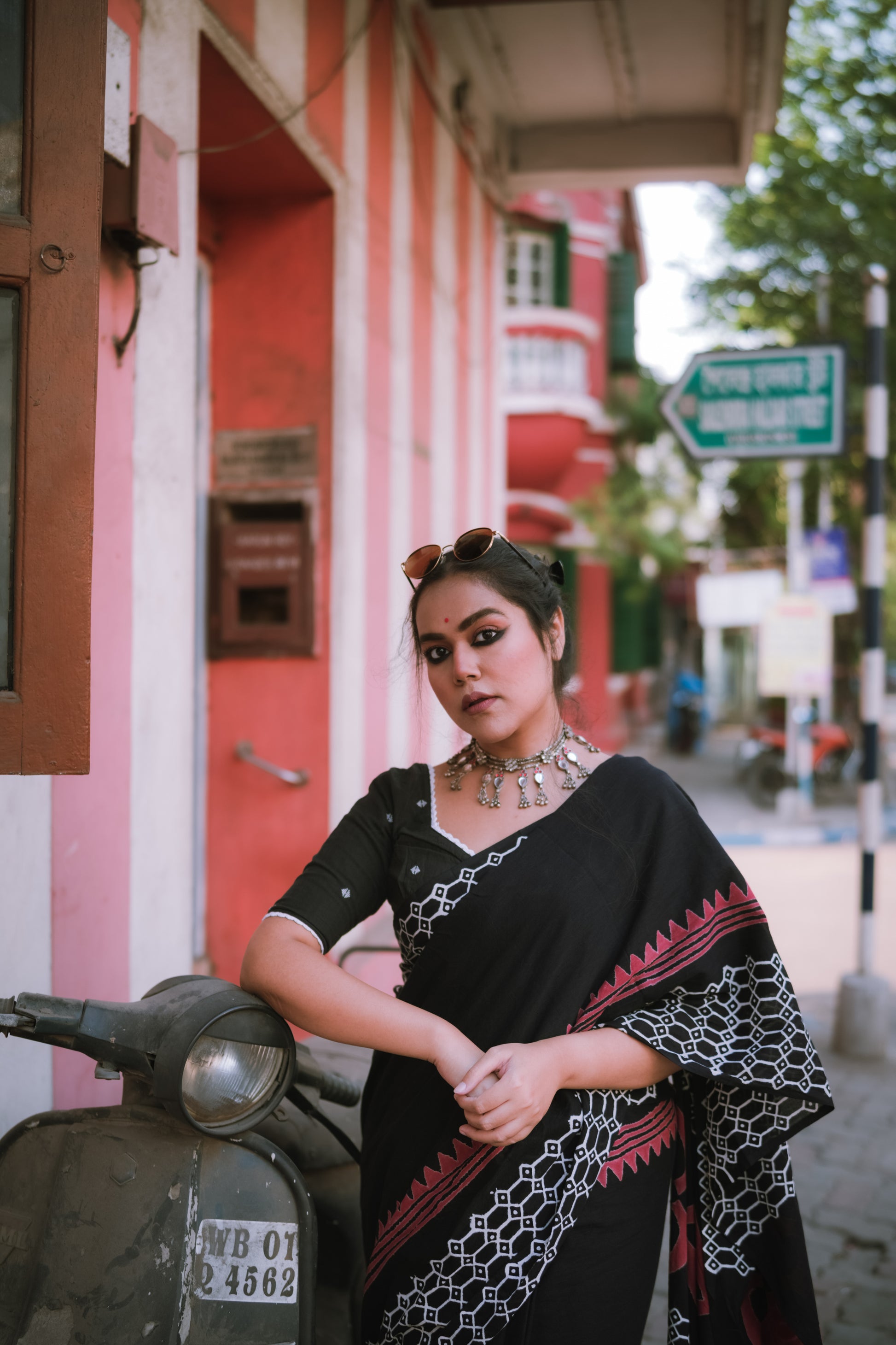 Retro Black - Handblock Print Natural Dyed - Mulmul Cotton Saree