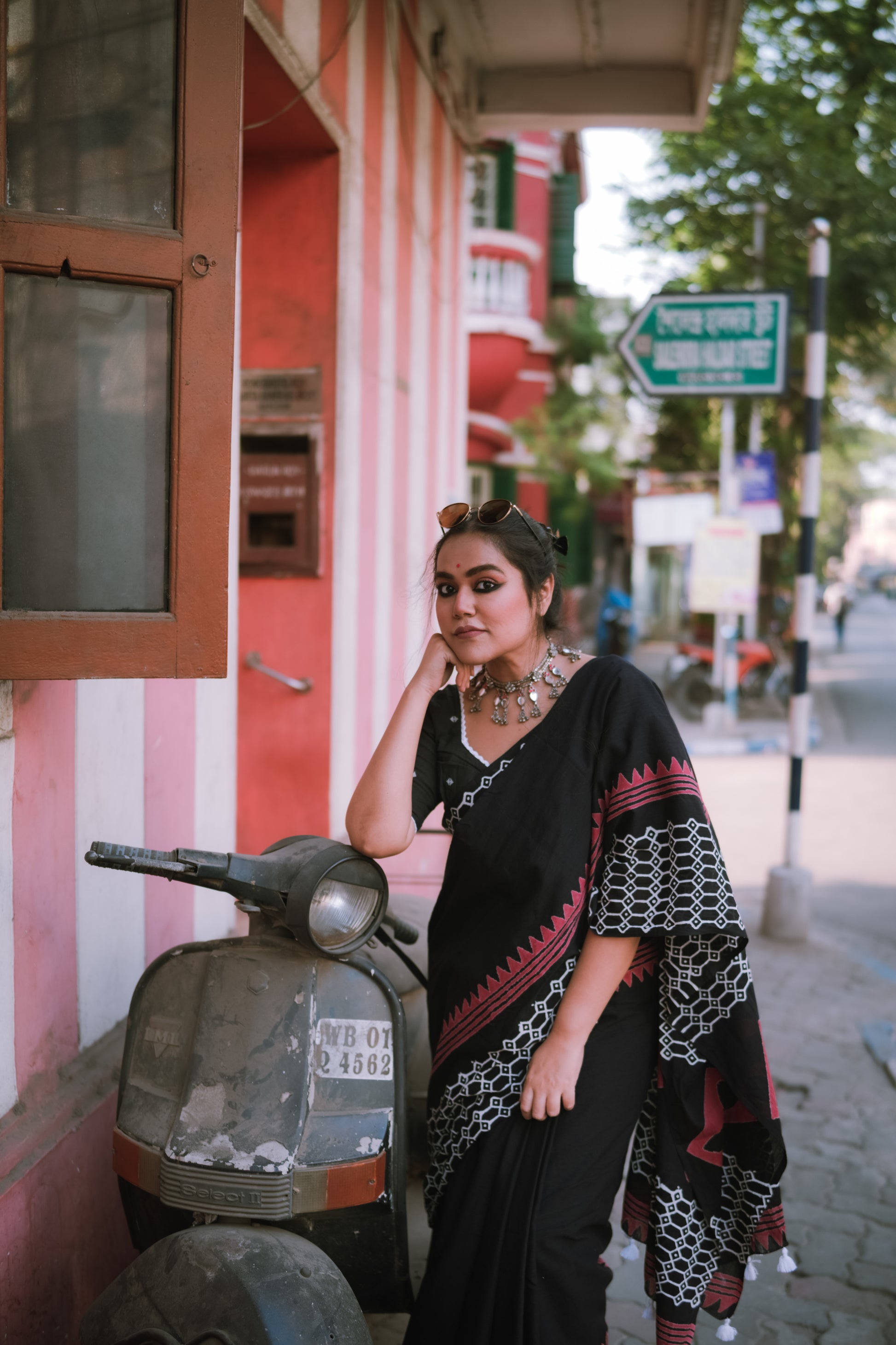 Retro Black - Handblock Print Natural Dyed - Mulmul Cotton Saree