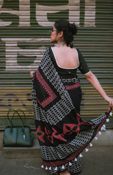 Retro Black - Handblock Print Natural Dyed - Mulmul Cotton Saree