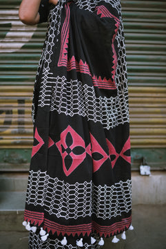 Retro Black - Handblock Print Natural Dyed - Mulmul Cotton Saree