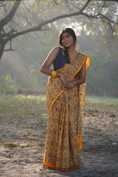 A Beautiful Sunset - Ajrakh Handblock Print Natural Dyed - Mulmul Cotton Saree