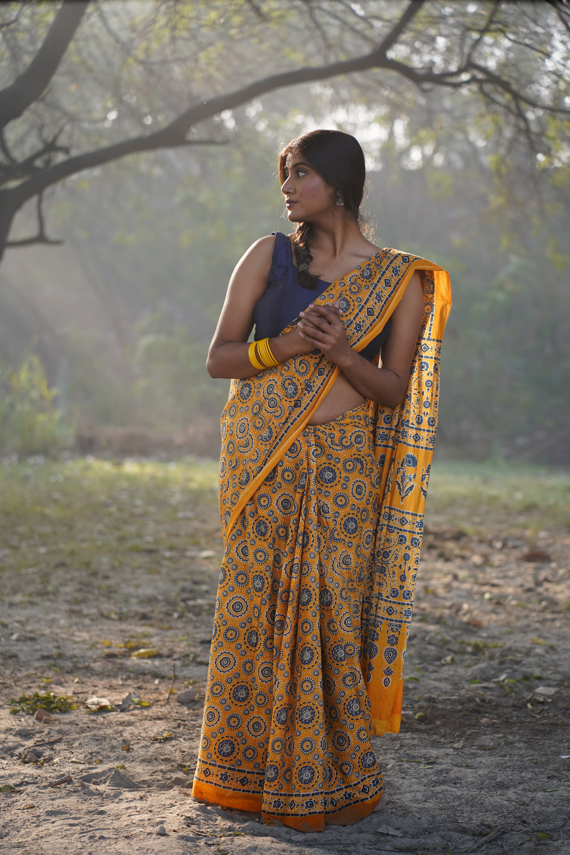 A Beautiful Sunset - Ajrakh Handblock Print Natural Dyed - Mulmul Cotton Saree