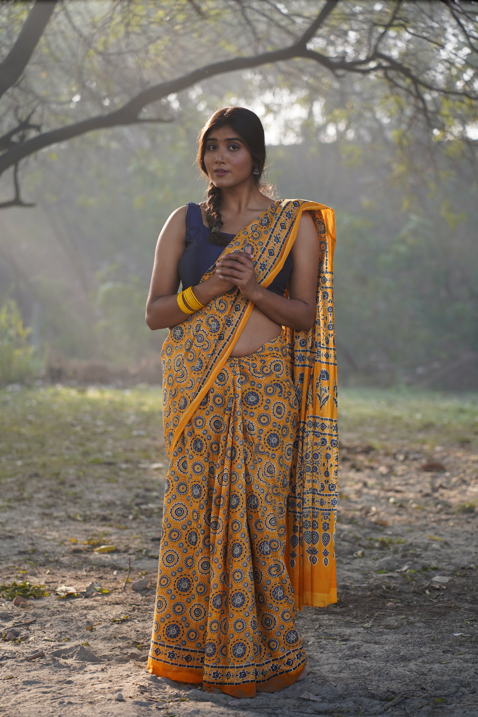 A Beautiful Sunset - Ajrakh Handblock Print Natural Dyed - Mulmul Cotton Saree