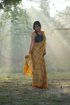 A Beautiful Sunset - Ajrakh Handblock Print Natural Dyed - Mulmul Cotton Saree