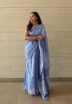 Floral Sky - Handblock Print Natural Dyed - Sky Blue Mulmul Cotton Saree