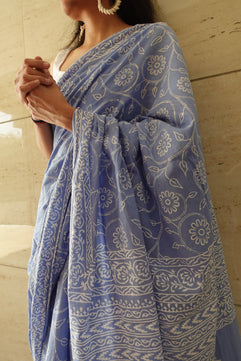 Floral Sky - Handblock Print Natural Dyed - Sky Blue Mulmul Cotton Saree