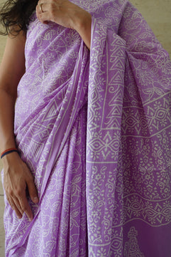 Lavender Love Letter - Handblock Print Natural Dyed - Mulmul Cotton Saree