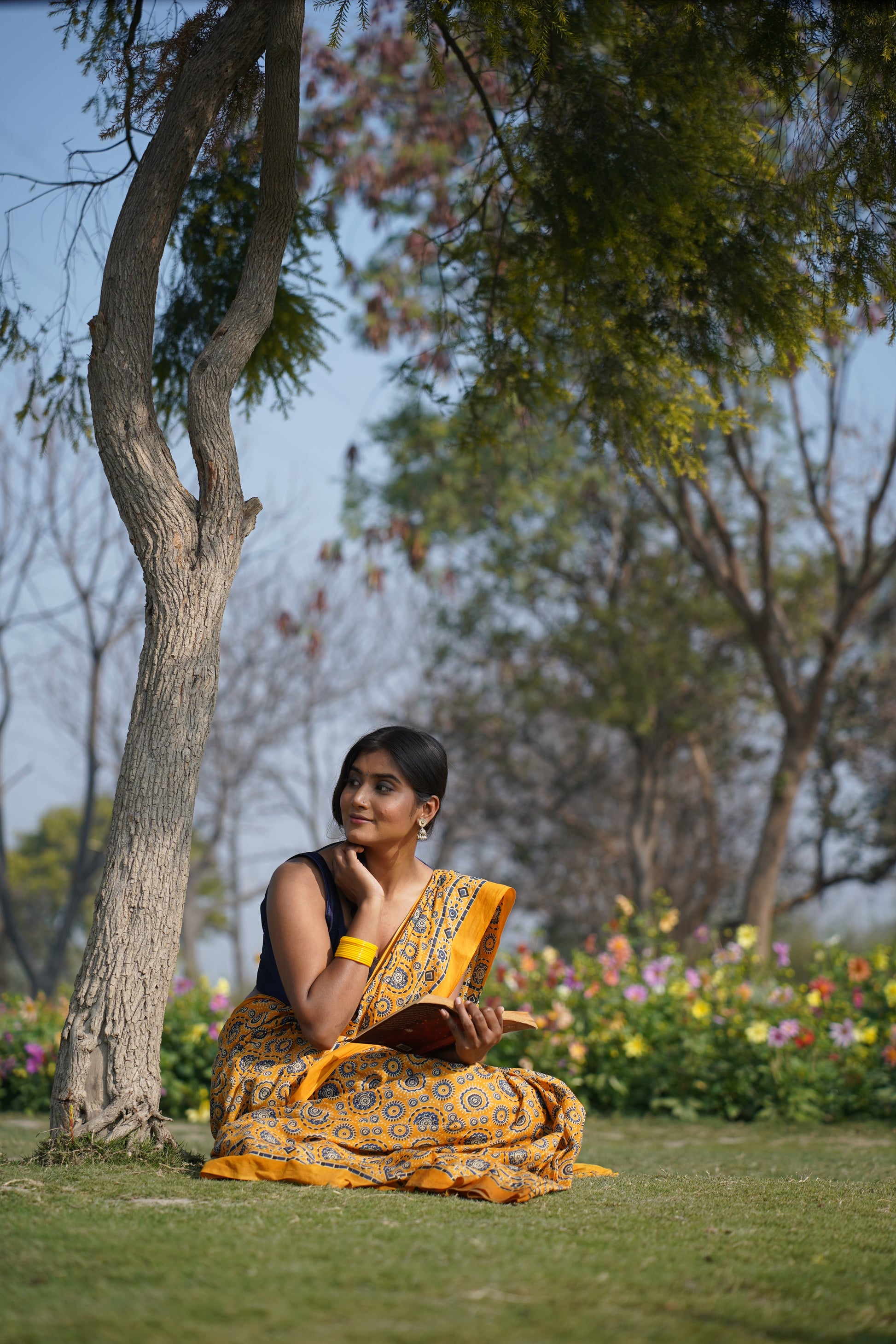 A Beautiful Sunset - Ajrakh Handblock Print Natural Dyed - Mulmul Cotton Saree