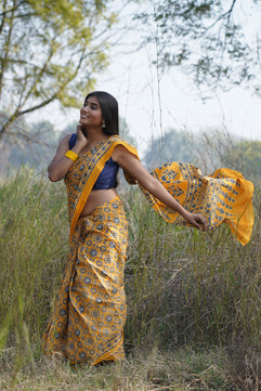 A Beautiful Sunset - Ajrakh Handblock Print Natural Dyed - Mulmul Cotton Saree