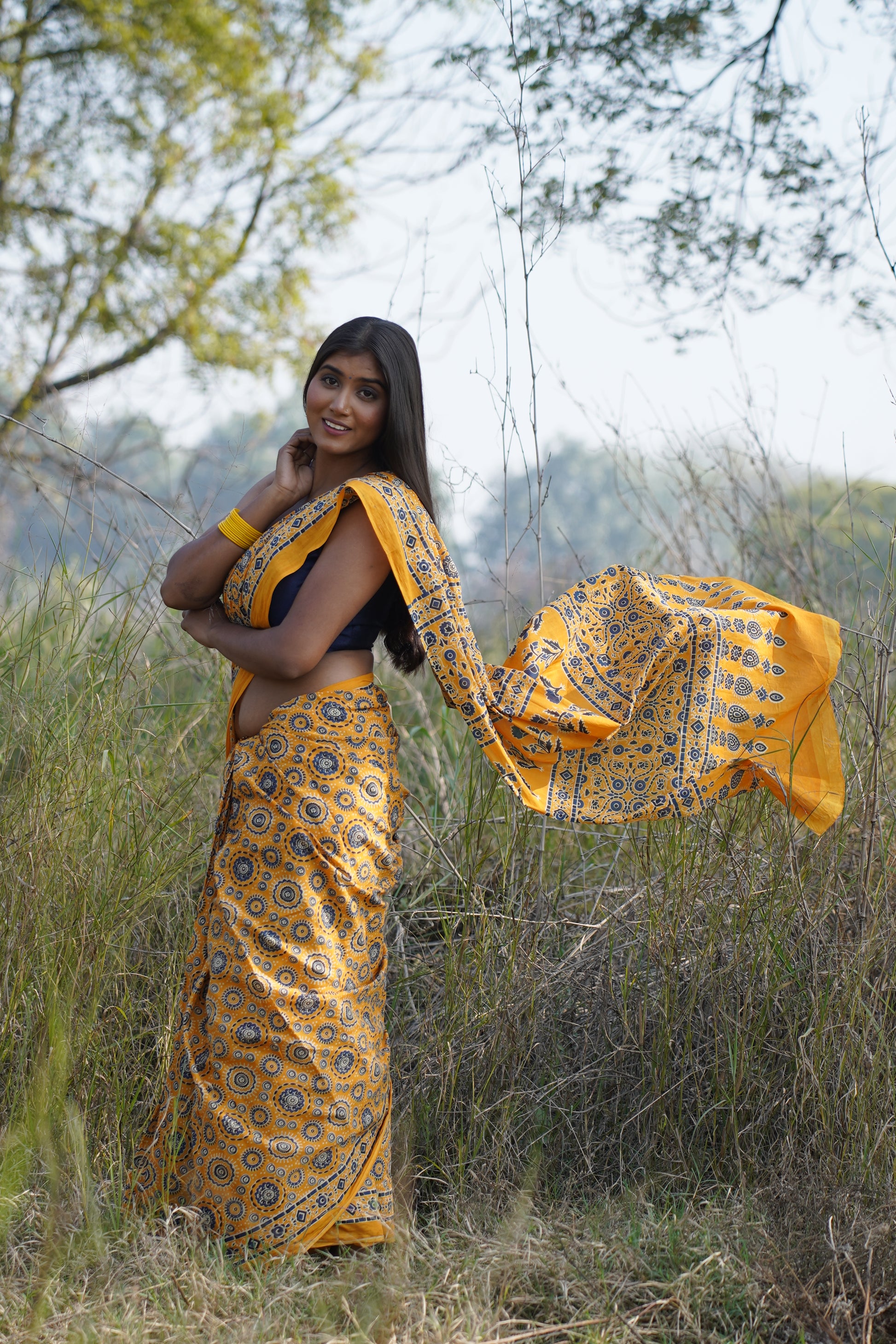 A Beautiful Sunset - Ajrakh Handblock Print Natural Dyed - Mulmul Cotton Saree