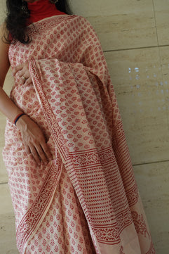 Earthy Essence Saree Handblock Print Natural Dyed - BeigeMulmul Cotton Saree