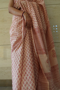 Earthy Essence Saree Handblock Print Natural Dyed - BeigeMulmul Cotton Saree