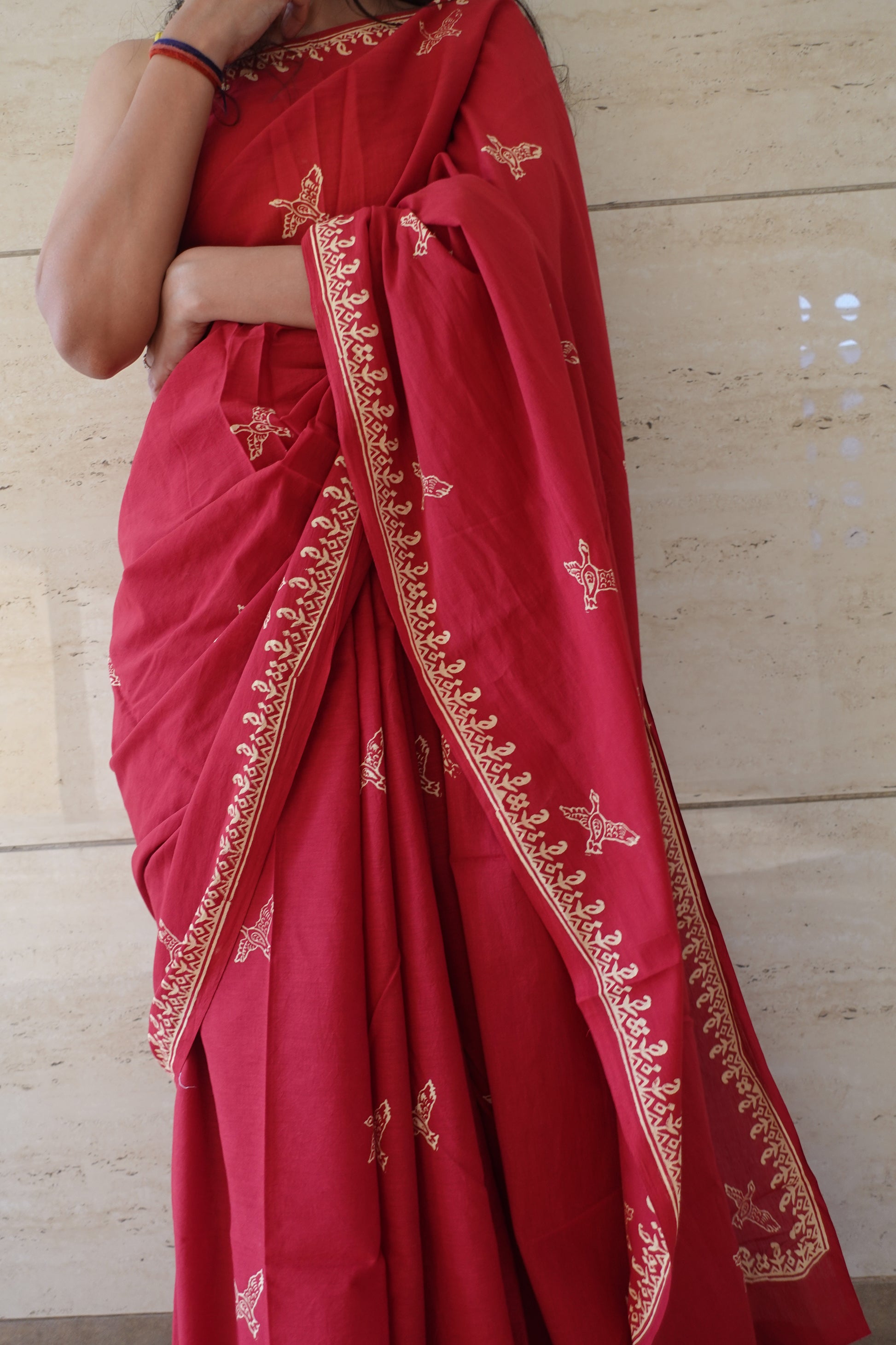 Free Sparrow - Handblock Print Natural Dyed - Red Mulmul Cotton Saree