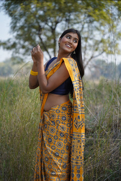 A Beautiful Sunset - Ajrakh Handblock Print Natural Dyed - Mulmul Cotton Saree